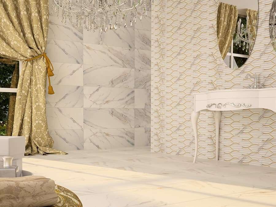 Gold-veined marble-look porcelain tiles in a bathroom