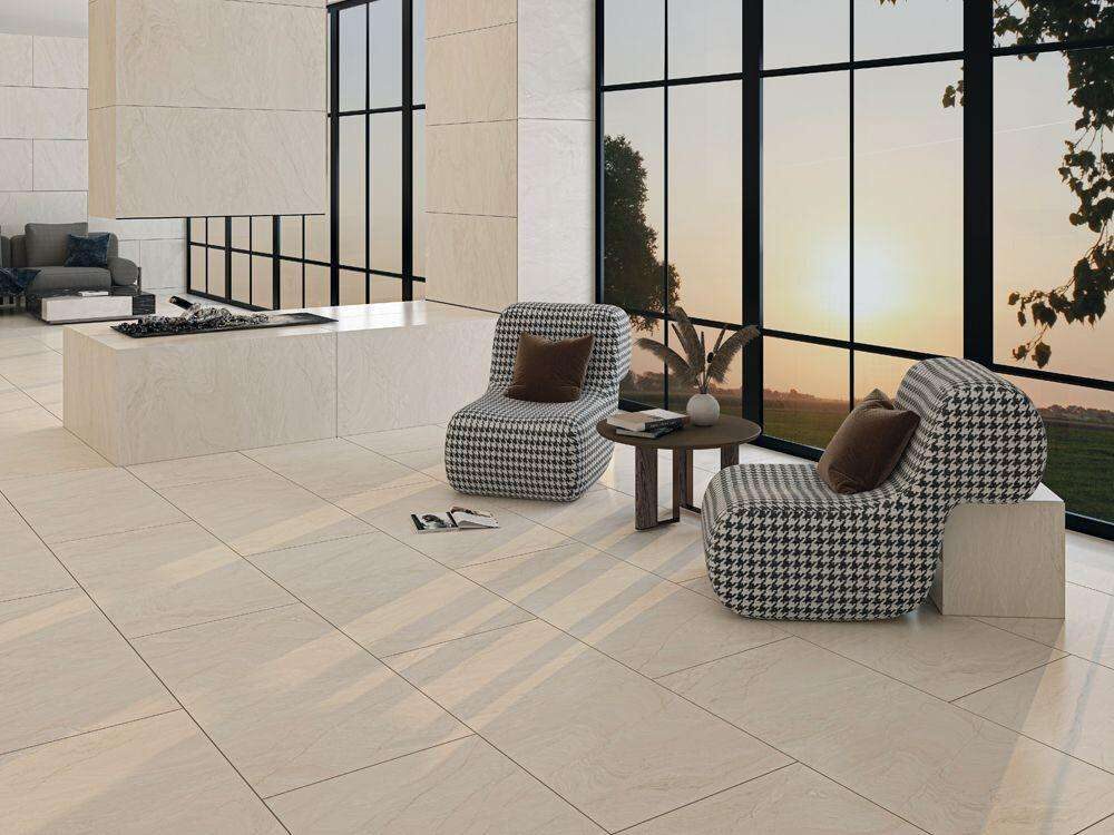 Beige porcelain floor tiles in a living room
