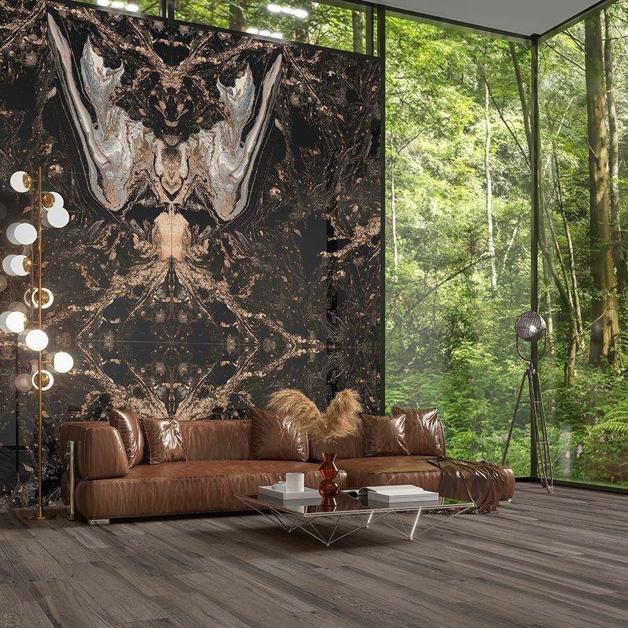 Large dark marble-look wall tiles