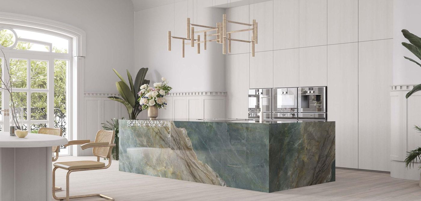 Marble-look porcelain kitchen surface