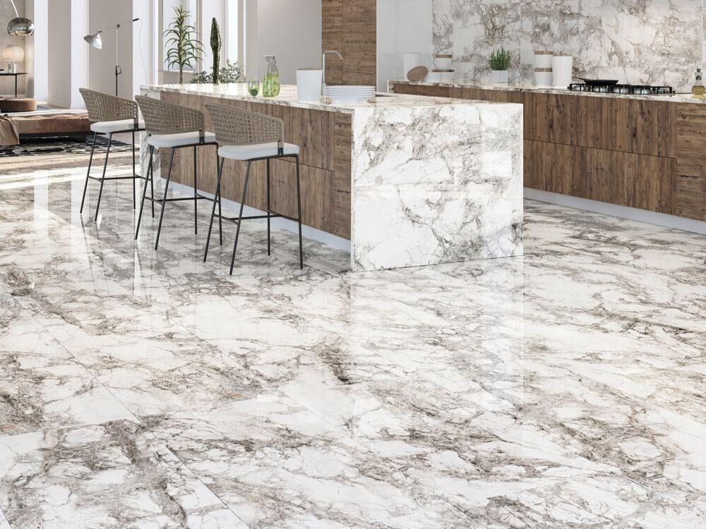 White marble-look porcelain tiles in a kitchen