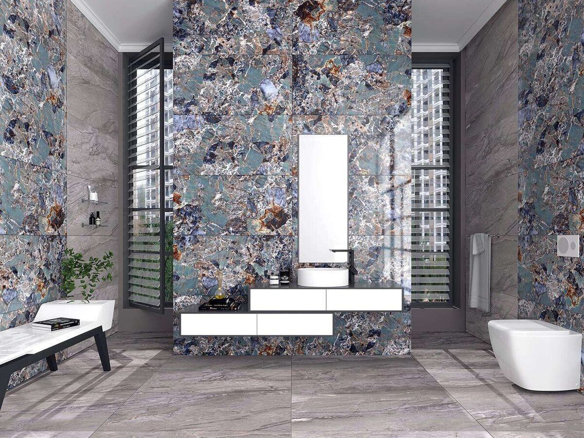 Blue marble-look porcelain tiles in a bathroom