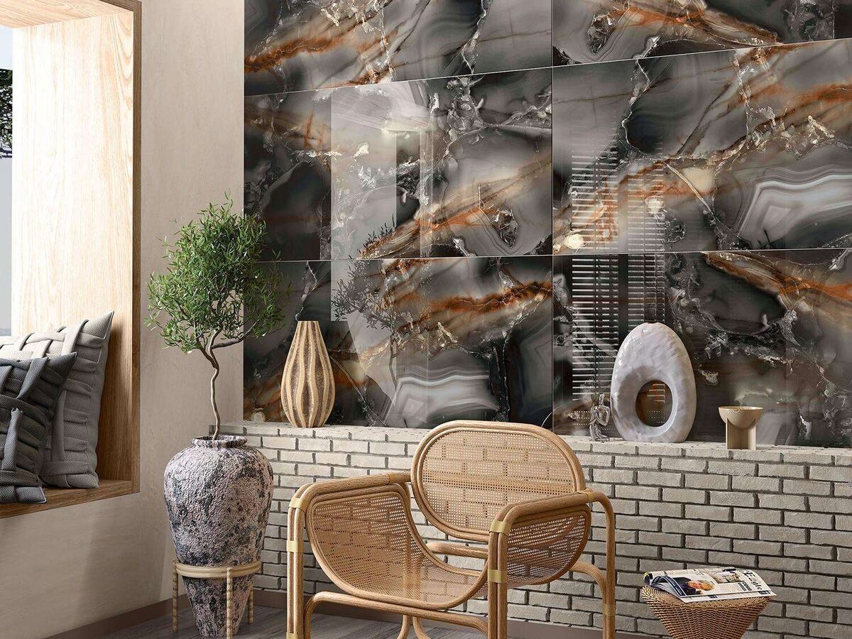 Dark onyx-look porcelain tiles on a feature wall